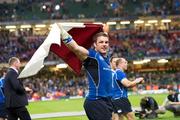 21 May 2011; Sean O'Brien celebrates after the game with the Tullow Flag. Heineken Cup Final, Leinster v Northampton Saints, Millennium Stadium, Cardiff, Wales. Picture credit: Matt Browne / SPORTSFILE