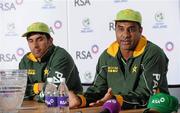 27 May 2011; Pakistan Coach Waqar Younis, right, and captain Misbah-Ul-Haq, during a press conference ahead of their opening RSA ODI Series game against Ireland on Saturday. Pakistan Cricket Press Conference, Stormont Pavilion, Stormont, Belfast, Co. Antrim. Picture credit: Oliver McVeigh / SPORTSFILE
