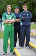 27 May 2011; Ireland cricket players, from left, Boyd Rankin, Gary Wilson and Alex Cusack, at the launch of the new Ireland cricket kit. Stormont Pavilion, Stormont, Belfast, Co. Antrim. Picture credit: Oliver McVeigh / SPORTSFILE