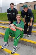 27 May 2011; Ireland cricket players, from left, Alex Cusack, Boyd Rankin and  Gary Wilson , at the launch of the new Ireland cricket kit. Stormont Pavilion, Stormont, Belfast, Co. Antrim. Picture credit: Oliver McVeigh / SPORTSFILE