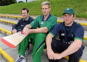 27 May 2011; Ireland cricket players, from left, Alex Cusack, Boyd Rankin and  Gary Wilson, at the launch of the new Ireland cricket kit. Stormont Pavilion, Stormont, Belfast, Co. Antrim. Picture credit: Oliver McVeigh / SPORTSFILE