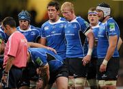 21 May 2011; Leinster players, from left, Sean O'Brien, Nathan Hines, Leo Cullen, Jamie Heaslip and Kevin McLaughlin prepare for a scrum. Heineken Cup Final, Leinster v Northampton Saints, Millennium Stadium, Cardiff, Wales. Picture credit: Ray McManus / SPORTSFILE