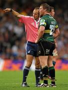 21 May 2011; Northampton Saints captain Dylan Hartley with referee Romain Poite. Heineken Cup Final, Leinster v Northampton Saints, Millennium Stadium, Cardiff, Wales. Picture credit: Ray McManus / SPORTSFILE
