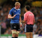 21 May 2011; Leinster captain Leo Cullen speaks with referee Romain Poite. Heineken Cup Final, Leinster v Northampton Saints, Millennium Stadium, Cardiff, Wales. Picture credit: Ray McManus / SPORTSFILE
