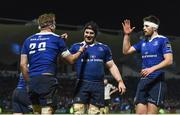 6 January 2017; Jamie Heaslip, left, is congratulated by his Leinster team-mates Sean O'Brien and Ross Byrne, right, after scoring his side's tenth try during the Guinness PRO12 Round 13 match between Leinster and Zebre at the RDS Arena in Ballsbridge, Dublin. Photo by Stephen McCarthy/Sportsfile