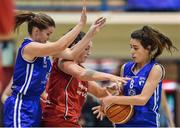6 January 2017; Amy Waters of Brunell in action against Claire Rockall, left, and Hayley Lenihan of UCC Glanmire during the Hula Hoops Women's National Cup Semi-Final between Team Ambassador UCC Glanmire and Singleton SuperValu Brunell at Neptune Stadium in Cork. Photo by Brendan Moran/Sportsfile