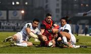 7 January 2017; Simon Zebo of Munster goes over to score his side's first try, with the support of his Munster team-mate Ronan O’Mahony, despite the tackle of of Casey Laulala, left, and Teddy Thomas of Racing 92 during the European Rugby Champions Cup Pool 1 Round 1 match between Racing 92 and Munster at the Stade Yves-Du-Manoir in Paris, France. Photo by Stephen McCarthy/Sportsfile