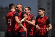 7 January 2017; Simon Zebo is congratulated by his Munster team-mates, including Conor Murray, 9, after scoring his side's first try during the European Rugby Champions Cup Pool 1 Round 1 match between Racing 92 and Munster at the Stade Yves-Du-Manoir in Paris, France. Photo by Stephen McCarthy/Sportsfile