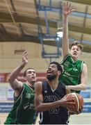 7 January 2017; Justin Goldsborough of Griffith Swords Thunder in action against Paul Freeman, left, and Kyle Cunningham of  SSE Airtricity Moycullen during the Hula Hoops Men's National Cup semi-final match between SSE Airtricity Moycullen and Griffith Swords Thunder at the Neptune Stadium in Cork. Photo by Brendan Moran/Sportsfile