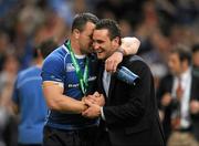 21 May 2011; Cian Healy, Leinster, left, celebrates with Dave Kearney following his side's victory. Heineken Cup Final, Leinster v Northampton Saints, Millennium Stadium, Cardiff, Wales. Picture credit: Ray McManus / SPORTSFILE
