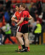 28 May 2011; Billy Joe Padden, Armagh, with Brendan McArdle, Down, after the game. Ulster GAA Football Senior Championship Quarter-Final, Armagh v Down, Morgan Athletic Grounds, Armagh. Picture credit: Ray McManus / SPORTSFILE