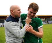 29 May 2011; Republic of Ireland manager Paul Doolin, left, celebrates with Connor Murphy. The Republic of Ireland team has secured a place in the UEFA European Under-19 Championship final stages, to be held in Romania. UEFA Under 19 Championship Elite Round, Republic of Ireland v Italy, Kolobrzeg, Poland. Picture credit: Rory Geary / SPORTSFILE