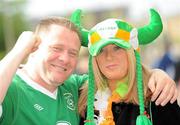 29 May 2011; Republic of Ireland supporters Stephen and Amanda Kelly, from Swords, on their way to the match. Carling Four Nations Tournament, Republic of Ireland v Scotland, Aviva Stadium, Lansdowne Road, Dublin. Picture credit: Brian Lawless / SPORTSFILE