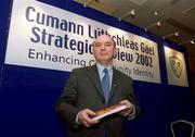 20 January 2002; Peter Quinn, Chairman of the Strategic Review Commitee during the press conference where The Strategic Review of The GAA was introduced at the Burlington Hotel in Dublin. Photo by Ray McManus/Sportsfile