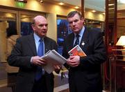 20 January 2002; Chairman of The Strategic Review Commitee, Peter Quinn, left, and GAA President Sean McCague during the press conference where The Strategic Review of The GAA was introduced at the Burlington Hotel in Dublin. Photo by Ray McManus/Sportsfile