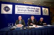 20 January 2002; Pictured from left, Chairman of The Strategic Review Commitee, Peter Quinn, GAA President Sean McCague and Secretary of The Commitee Brendan Waters, during the press conference where The Strategic Review of The GAA was introduced at the Burlington Hotel in Dublin. Photo by Ray McManus/Sportsfile