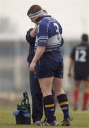 13 January 2002; Paul Wallace of Leinster is attended to by Leinster team physio Frances Moran during the  Heineken Cup Pool 6 Round 6 match between Toulouse and Leinster at Stade Les Sept Denier in Toulouse, France. Photo by Brendan Moran/Sportsfile