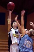 25 January 2002; Carmel Kissane of Dart Killester in action against Jessica Collins of Mercy Coolock during the ESB Women's National Cup semi-final between Mercy Coolock and Dart Killester at the ESB Arena in Tallaght, Dublin. Photo by Brendan Moran/Sportsfile
