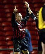 25 January 2002; Glen Crowe of Bohemians celebrates after scoring his sides first goal during the Eircom League Premier Division match between Bohemians and UCD at Dalymount Park in Dublin. Photo by David Maher/Sportsfile