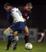 25 January 2002; Alan McNally of UCD in action against Dave Morrison of Bohemians during the Eircom League Premier Division match between Bohemians and UCD at Dalymount Park in Dublin. Photo by David Maher/Sportsfile