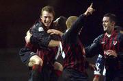 25 January 2002; Trevor Molloy, left, Bohemians, celebrates after scoring his sides second goal with team-mates Stephen Caffrey, Glen Crowe and Fergal Harkin during the Eircom League Premier Division match between Bohemians and UCD at Dalymount Park in Dublin. Photo by David Maher/Sportsfile