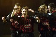 25 January 2002; Trevor Molloy, second left, Bohemians, celebrates after scoring his sides second goal with team-mates Stephen Caffrey, Kevin Hunt and Colin Hawkins during the Eircom League Premier Division match between Bohemians and UCD at Dalymount Park in Dublin. Photo by David Maher/Sportsfile