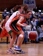 27 January 2002; Gillian Ennis of Dart Kilester in action against Eimear Kyne of University of Limerick during the ESB Women's National Cup Final between Dart Killester and University of Limerick at the ESB Arena in Tallaght, Dublin. Photo by Brendan Moran/Sportsfile