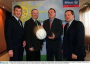 28 January 2002; Pictured at the launch of the 2002 Allianz National Football League where, from left to right; John O'Leary, Wicklow manager, Larry Tompkins, Cork manager, Brendan Murphy of Allianz Ireland and Dublin manager Tommy Lyons. Allianz Headquarters, Burlington Road, Dublin. Picture credit; David Maher / SPORTSFILE