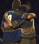 27 January 2002; Leinster's Victor Costello (8) comforts team-mate Keith Gleeson following the Heineken Cup Quarter Final match between Leinster and Leicester at Welford Road in Leicester. Photo by Aoife Rice/Sportsfile