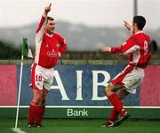27 January 2002; Pat Morley of Cork City celebrates his sides second goal with team-mate Colin O'Brien during the Eircom League Premier Division match between Bray Wanderers and Cork City at the Carlisle Grounds in Bray, Wicklow. Photo by Pat Murphy/Sportsfile