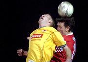 29 January 2002; Stephen Caffrey of Bohemians in action against Martin Russell of St Patricks Athletics during the Eircom League Cup quarter final match between St Patrick's Athletic and Bohemians at Richmond Park in Dublin. Photo by David Maher/Sportsfile