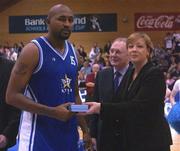27 January 2002; Marvin Dixon of SX3 Star receives the MVP from Debbie Massey, Cheif Executive of the IBA following the ESB Men's National Cup Final match between SX3 Star and Burgerking Limerick at ESB Arena in Tallaght, Dublin. Photo by Brendan Moran/Sportsfile