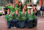 2 February 2002; Model Natasha Byram, from Dublin, with Clontarf rugby players Paul Ryan, Robert Ryan, Conor Redmond and John O'Driscoll at a photocall to announce that Guinness, official beer sponsors to the Irish team rugby team, will distribute 10,000 facemask look-alikes of Irish rugby legend Peter Clohessy to supporters heading to the Ireland and Wales Six Nations Championship match at Lansdowne Road. Photo by Ray McManus/Sportsfile