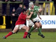 2 February 2002; Andy Ward of Ireland is tackled by Mefin Davies of Wales during the &quot;A&quot; Rugby International match between Ireland A and Wales A at Musgrave Park in Cork. Photo by Brendan Moran/Sportsfile