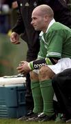 2 February 2002; Paul Burke of Ireland sits on the sideline after being sin-binned during the &quot;A&quot; Rugby International match between Ireland A and Wales A at Musgrave Park in Cork. Photo by Brendan Moran/Sportsfile