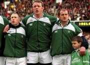 3 February 2002; Irish players, from left, Peter Stringer, Mick Galwey, Peter Clohessy and his son Luke Clohessy, stand for the rugby National Anthem ahead of the Lloyds TSB Six Nations Championship match between Ireland and Wales at Landsdowne Road in Dublin. Photo by Brendan Moran/Sportsfile