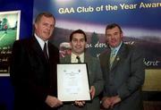 4 February 2002; Pictured at the AIB GAA Club of the Year Awards 2001 in Croke Park are Eugene Sheehy, Managing Director AIB, President of the GAA Sean McCague, Turlough O'Brien of Éire Óg who won the Carlow Club of the Year Award at Croke Park in Dublin. Photo by Ray McManus/Sportsfile