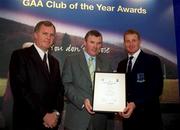 4 February 2002; Pictured at the AIB GAA Club of the Year Awards 2001 in Croke Park are Eugene Sheehy, Managing Director AIB, President of the GAA Sean McCague, Gerry Fahy of îranmor/Meara  who won the Galway Club of the Year Award at Croke Park in Dublin. Photo by Ray McManus/Sportsfile