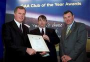 4 February 2002; Pictured at the AIB GAA Club of the Year Awards 2001 in Croke Park are Eugene Sheehy, Managing Director AIB, President of the GAA Sean McCague, Paul Kavanagh of Emerlads GAA Club  who won the Kilkenny Club of the Year Award at Croke Park in Dublin. Photo by Ray McManus/Sportsfile