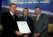 4 February 2002; Pictured at the AIB GAA Club of the Year Awards 2001 in Croke Park are Eugene Sheehy, Managing Director AIB, President of the GAA Sean McCague, Pat Sydes of St. Fintan's GAA Club who won the Laois Club of the Year Award at Croke Park in Dublin. Photo by Ray McManus/Sportsfile