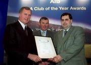 4 February 2002; Pictured at the AIB GAA Club of the Year Awards 2001 in Croke Park are Eugene Sheehy, Managing Director AIB, President of the GAA Sean McCague, Eamon O'Keefe of Baltinglass GAA Club who won the Wicklow Club of the Year Award at Croke Park in Dublin. Photo by Ray McManus/Sportsfile