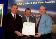 4 February 2002; Pictured at the AIB GAA Club of the Year Awards 2001 in Croke Park are Eugene Sheehy, Managing Director AIB, President of the GAA Sean McCague, Thomas Healy of Adare GAA club who won the Limerick Club of the Year Award at Croke Park in Dublin. Photo by Ray McManus/Sportsfile