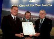 4 February 2002; Pictured at the AIB GAA Club of the Year Awards 2001 in Croke Park are Eugene Sheehy, Managing Director AIB, President of the GAA Sean McCague, Mattie Ryan of Drom-Inch GAA Club who won the Tipperary Club of the Year Award at Croke Park in Dublin. Photo by Ray McManus/Sportsfile