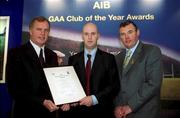 4 February 2002; Pictured at the AIB GAA Club of the Year Awards 2001 in Croke Park are Eugene Sheehy, Managing Director AIB, President of the GAA Sean McCague, Fergal Cleary of Kinawley Brian Borus who won the Fermanagh Club of the Year Award at Croke Park in Dublin. Photo by Ray McManus/Sportsfile