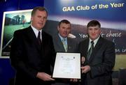 4 February 2002; Pictured at the AIB GAA Club of the Year Awards 2001 in Croke Park are Eugene Sheehy, Managing Director AIB, President of the GAA Sean McCague, John McDolan of Clonduff GAA Club  who won the Down Club of the Year Award at Croke Park in Dublin. Photo by Ray McManus/Sportsfile