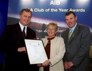 4 February 2002; Pictured at the AIB GAA Club of the Year Awards 2001 in Croke Park are Eugene Sheehy, Managing Director AIB, Sean McCague, President of the GAA, Dolores Taggart of Cuchullain GFC who won the Armagh Club of the Year Award at Croke Park in Dublin. Photo by Ray McManus/Sportsfile