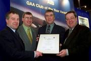 4 February 2002; Pictured at the AIB GAA Club of the Year Awards 2001 in Croke Park are John Connolly of AIB, John Carroll, Pat Sydes and Sean Bryne of St. Fintan's GAA Club the Laois Club of the Year for 2001 at Croke Park in Dublin. Photo by Ray McManus/Sportsfile