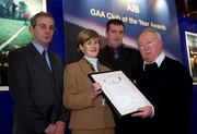 4 February 2002; Pictured at the AIB GAA Club of the Year Awards 2001 are Pat O Brien of Cloguish GFC, Anne O'Brien of AIB, Mick McKeown and Enda Barden of Clonguish GFC as Clonguish were the Longford AIB GAA Club of the Year Award winners at Croke Park in Dublin. Photo by Ray McManus/Sportsfile