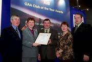 4 February 2002; Pictured at the AIB GAA Club of the Year Awards 2001 in Croke Park are John G Diffley of Kilglass Gaels, Nuala Diffley of AIB, Charlie Reynolds, Martina Tully and Aidan Tully of Kilglass Gaels who were presented with the Roscommon Club of the Year Award. at Croke Park in Dublin. Photo by Ray McManus/Sportsfile