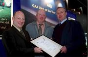 4 February 2002; Pictured at the AIB GAA Club of the Year Awards 2001 in Croke Park are Michael Earley, AIB, Larry Culligan and Paudie Halpin of Lisseycasey as Lisseycasey were presented with the Clare Club of the Year Award at Croke Park in Dublin. Photo by Ray McManus/Sportsfile